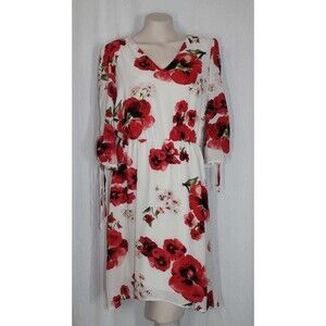 NWT Bobeau S Feminine Red Poppies Floral on White Below Knee Lined Dress